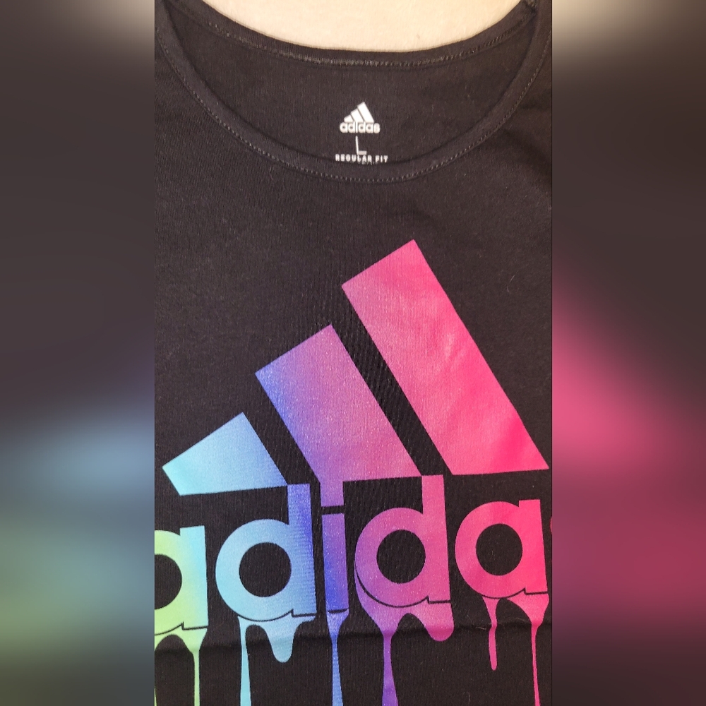 Girls Size L (14) Adidas Black Tee with Multicolor Logo. Excellent Condition - Picture 4 of 5
